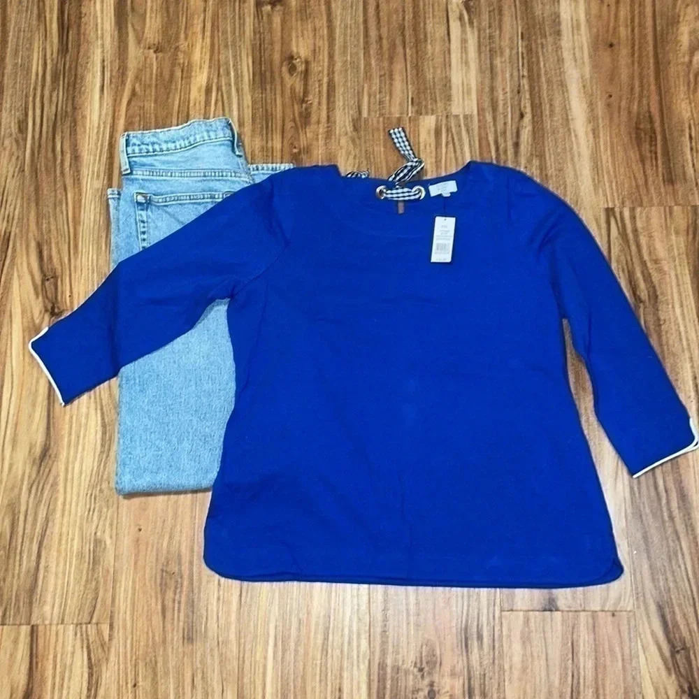 Crown and Ivy womens shirt XL PETITE top Blouse blue ribbon tie 3/4 sleeeve nwt